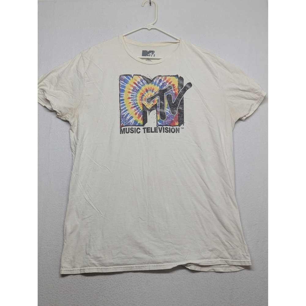 MTV Music Television Mens 2XL Tie Dye Logo Graphic T-Shirt Cream Off White